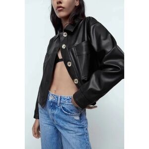 Zara Black Faux Leather Jacket with Button Detail